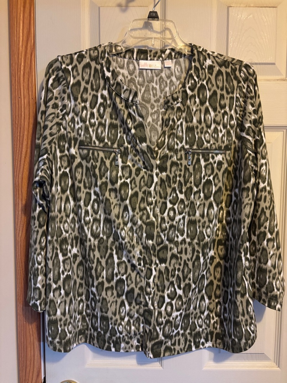 Kim Gravel Olive Leopard-Print Long Sleeve Blouse - Top 1X.